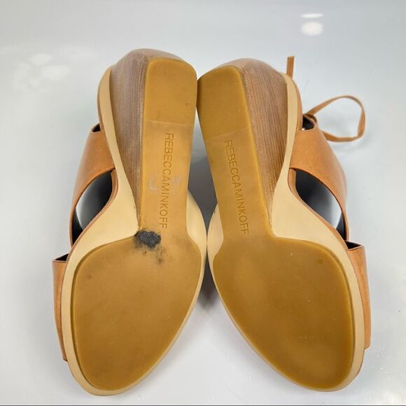 REBECCA MINKOFF Size 6 Eden Leather Criss Cross Curved Wedge Peep Toe Tan - Picture 4 of 10